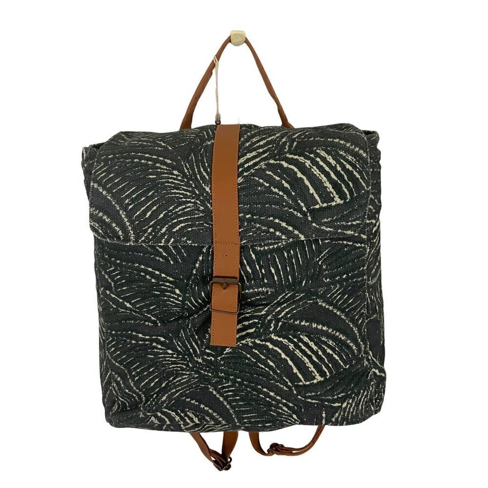 Lu & Elle Grey Paradise Palm Tropical Print Backpack Tote Bag Cotton & Leather